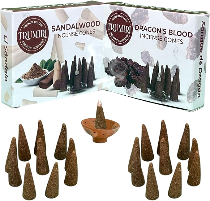 TRUMIRI Incense Cones - Combo Pack of 20 Cone Incense - 10 Dragons Blood + 10 Sandalwood - Insence Cones - Incense Cones Scented - Cone Incense Scents - Insense Cones - Incent Cone TRUMIRI