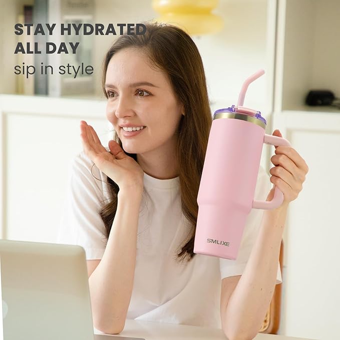 30 oz Tumbler with Handle, Tumbler with Lid and Straw, Double Wall Vacuum Insulated Travel Mug Stainless Steel Tumbler for Hot and Cold, Cupholder Friendly (Pink) - Bloomnest