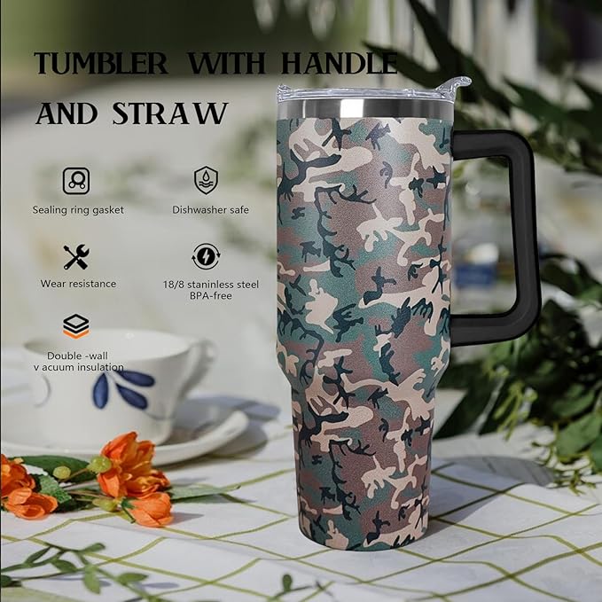 Ceovfoi 40 oz Camo Tumbler with Handle Lid and Straw, Hunting Gifts for Men Women,Camo Tumbler Travel Coffee Cup Mug Water Botter - Bloomnest