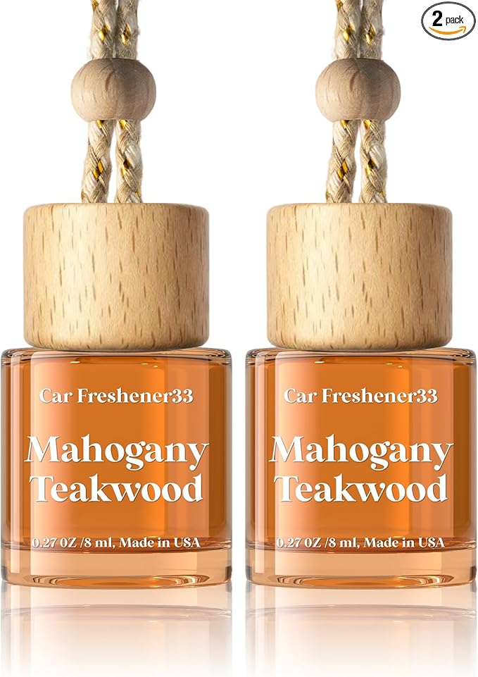 C Classy Car Air Freshener Hanging 2 Pack, Mahogany Teakwood Brown Bottle Essential Oil Diffuser for Cars, Cute Car Accessories, Long-Lasting Fragrance, Fresheners for Women & Men Gift, Made in USA - Bloomnest