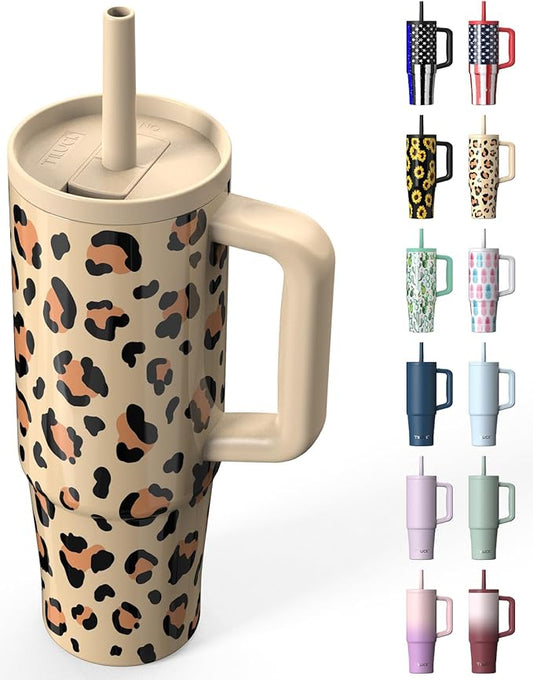 TILUCK 30 oz Tumbler with Handle, Vacuum Insulated Stainless Steel Travel Mug with 100% Leak-Proof Silicone Straw Lid, Cupholder Friendly Water Bottle(Leopard, 30oz)