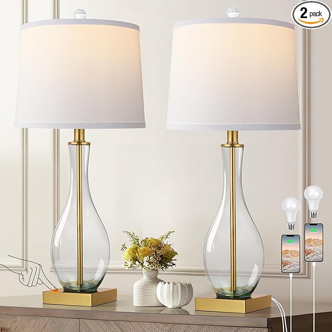 WIHTU Table Lamps Set of 2 with Touch Control, 27" Bedside Desk Lamps for Nightstand Decorations, 3-Way Dimmable Modern Glass Table lamp with USB C and A Charging Ports, Gold (LED Bulbs Included) - Bloomnest