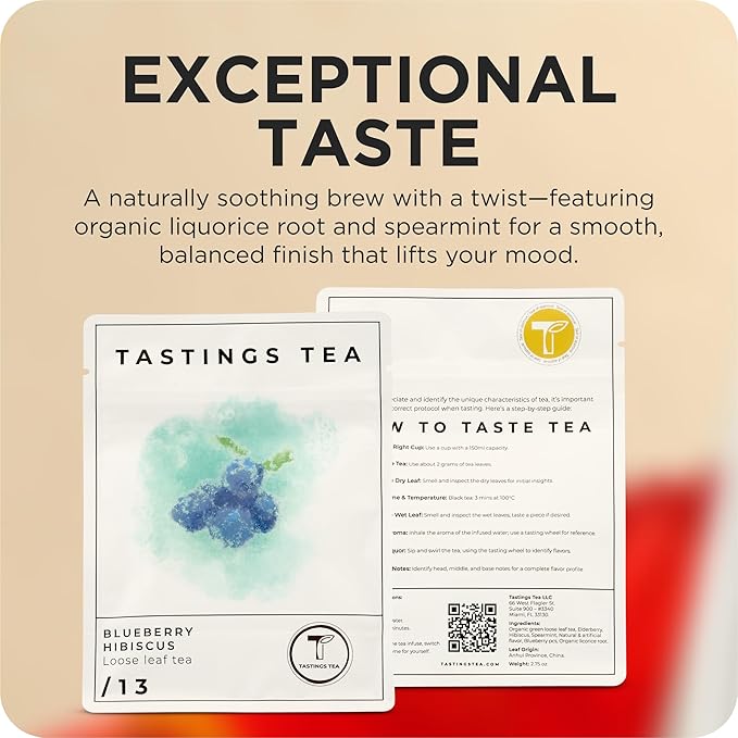 Tastings Tea Blueberry Hibiscus Loose Leaf Pouch 2.75 oz | Chinese Green Tea & Licorice Root with Elderberry, Spearmint & Natural Flavors | Light Caffeine | Tart & Fruity | Sustainably Sourced - Bloomnest