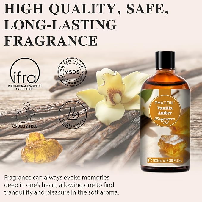 PHATOIL 3.38FL.OZ Vanilla Amber Fragrance Oils for Aromatherapy, Essential Oils for Diffusers for Home, Perfect for Diffuser, Yoga, Skin Care, DIY Candle and Soap Making - 100ml - Bloomnest