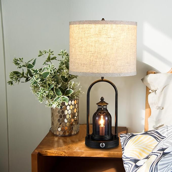 Farmhouse Lantern Table Lamps for Living Room Set of 2, Rustic Vintage Bedroom Nightstand Beside Desk Lamp with 2 USB Charging Ports,Dimmable Touch Night Light,4 Bulbs Included (Black) - Bloomnest