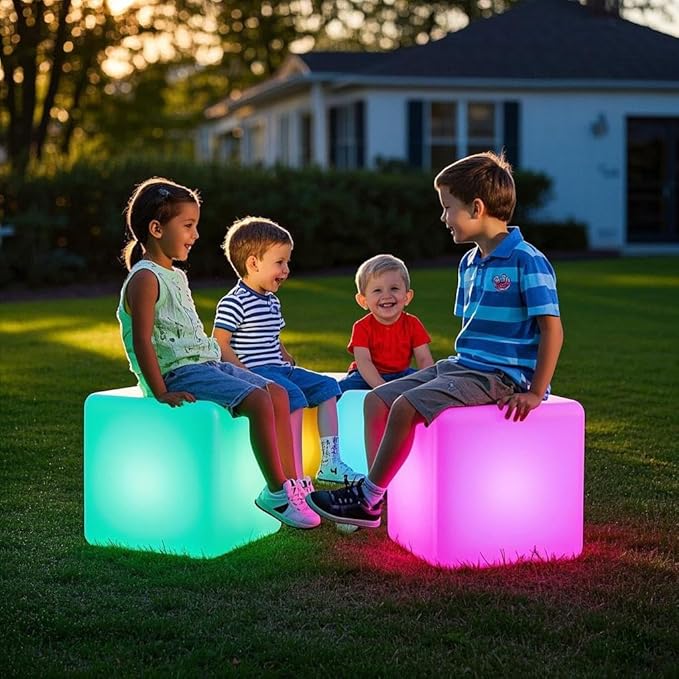 Mr.Go 14-Inch Color Changing LED Cube Light Stool, Glow Cube Seat for Kids, Modern LED Light Side Table, 16 RGB Colors LED Mood Lighting, Ideal for Home Garden Patio Bar Pool Party Decorative Lighting - Bloomnest