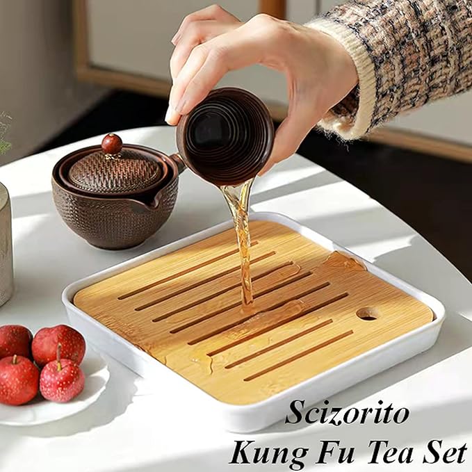Ceramic Portable Travel Tea Set, Chinese Kungfu Tea Set with 360 Rotation Teapot and Infuser, 4 Tea Cups, Tea Tray And Travel Bag (Wood Color Weave)
