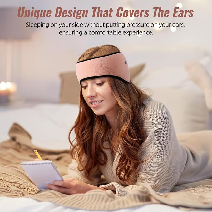 Plush Sleep Mask - Adjustable Headband, 2 in 1 Eye & Ear Mask for Men & Women, Soft Eye Cover for Side Sleepers (Pink) - Bloomnest