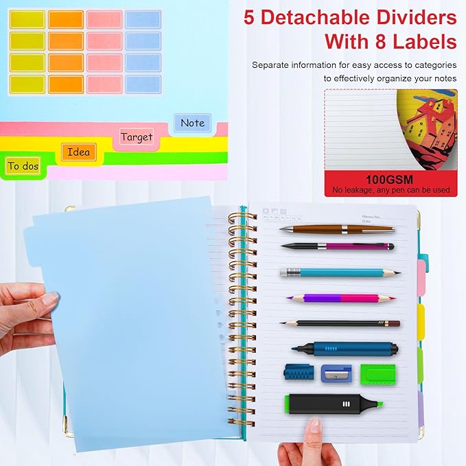 Hardcover Spiral Notebook 6.2"x 8.2" Journal Notebook with Tabs and Removable Dividers 300 Pages 5 Subject Notebook College Ruled, Faux Leather Spiral Bound Notebook for Women School Work(Red) - Bloomnest