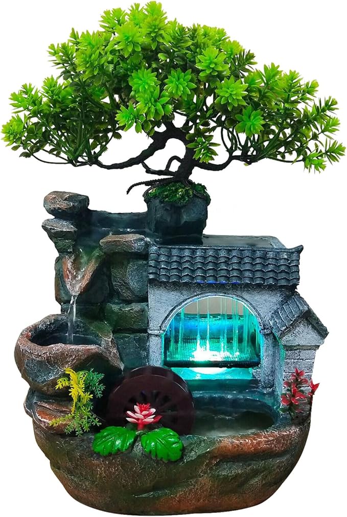 11" Desktop Fountain Rock Waterfall Humidifier with Artificial Tree &LED Light, Tabletop Water Fountains Indoor Fake Plant Bonsai Tree Feng Shui Decoration for Aquariums Office Bedroom Home Décor - Bloomnest