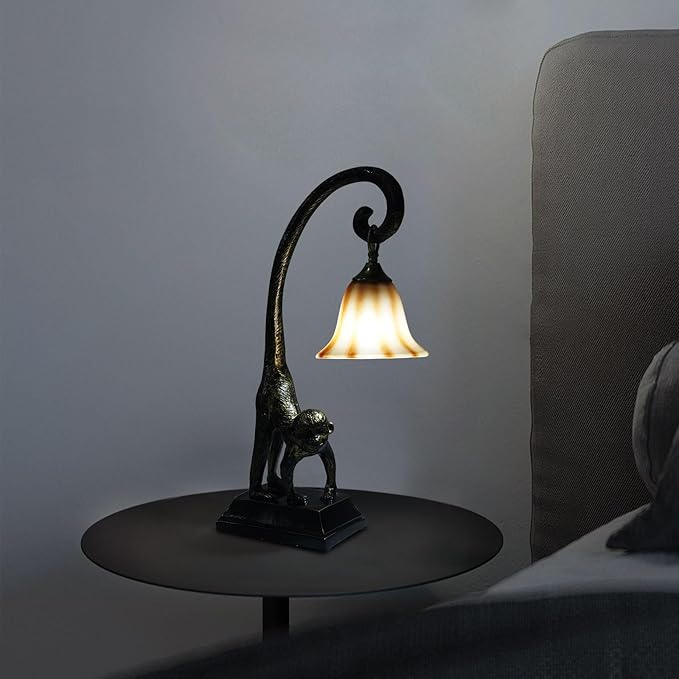 Eapmic Table Lamp, Resin Monkey Desk Lamp, Retro Bedside Light Animal Table Lamp with Trumpet Shade, Monkey Light for Bedroom Living Room Kids Room Office Home Decoration (Style 1) - Bloomnest