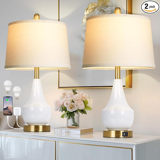 Modern White Table Lamp Set of 2, 24" Ceramic Table Lamp with USB A+C Ports,Classic Beside Lamps Nightstand Lamp Modern Lamp for Living Room, Bedroom & Office -LED Bulbs Included - Bloomnest