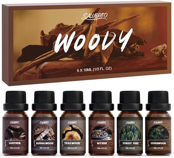 SALUBRITO Woody Fragrance Oils Set, Wood Essential Oil Set for Diffuse, Forest Pine, Sandalwood, Leather, Teakwood, Myrrh, Cedarwood Scented Oil for Candle, Soap Making - Bloomnest