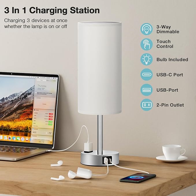 Fenmzee Light Grey Table Lamp for Nightstand - 3 Way Dimmable Touch Bedside Lamp USB C and A Charging Ports and AC Outlet, Small Desk Lamp with Silver Base for Office Nursery, LED Bulb Included - Bloomnest