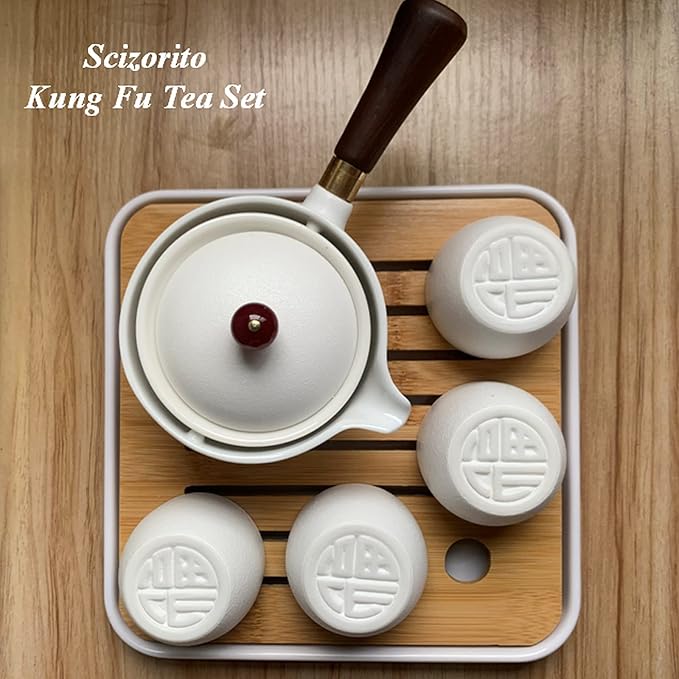 Ceramic Portable Travel Tea Set, Chinese Kungfu Tea Set with 360 Rotation Teapot and Infuser, 4 Tea Cups, Tea Tray And Travel Bag (Pure White)