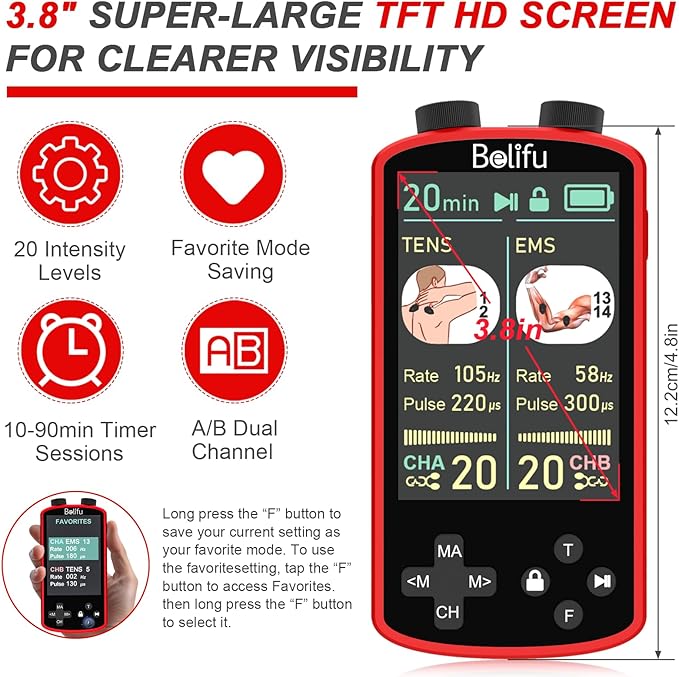 TENS EMS Unit Muscle Stimulator for Pain Relief Therapy - 4 in 1 TENS & EMS & Relax & Custom Frequency + Pulse - Muscle Massager 36 Modes 20 Intensity, Memory & Favorites Function with 600mAh Battery - Bloomnest