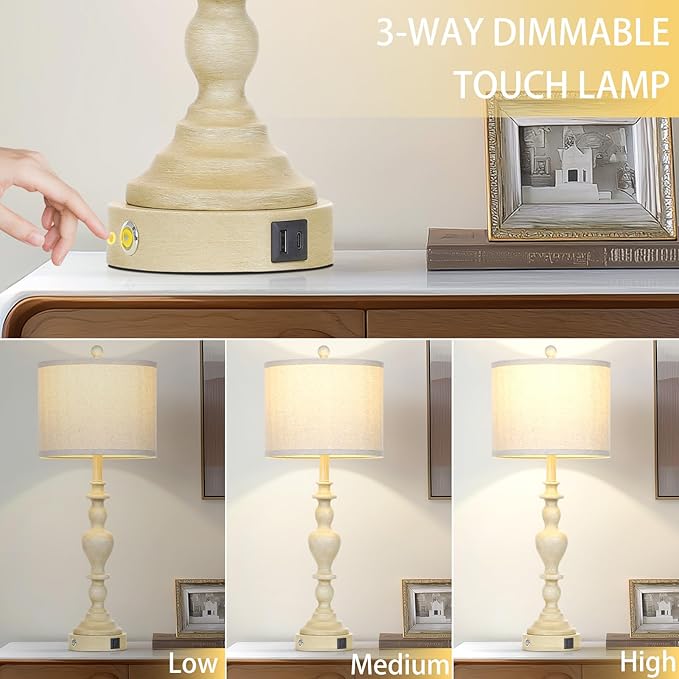 27" Vintage Farmhouse Table Lamps for Living Room Set of 2, Rustic Nightstand Lamps with USB C+A Ports, 3-Way Dimmable Retro Bedside Lamps for Bedroom Office 2 LED Bulbs Included Washed Antique Beige - Bloomnest