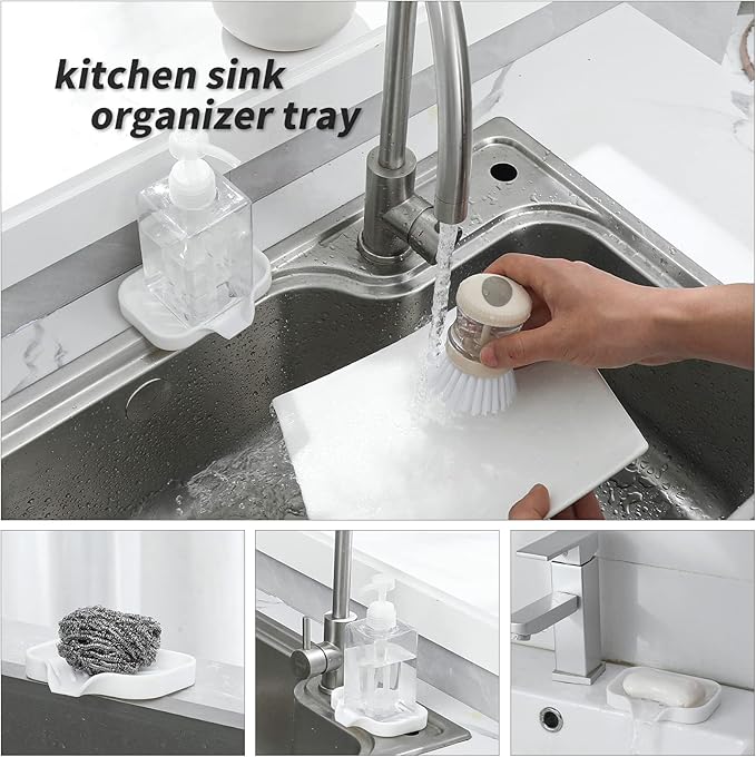 Silicone Bathroom Soap Dishes with Drain Spout-Bathroom and Kitchen Sink Organizer,Sponge Holder,Dish Soap Tray,Perfect for Dispenser,Scrubber,Bottle,Cup on Sink or Counter-White 4.9"×3.2" - Bloomnest