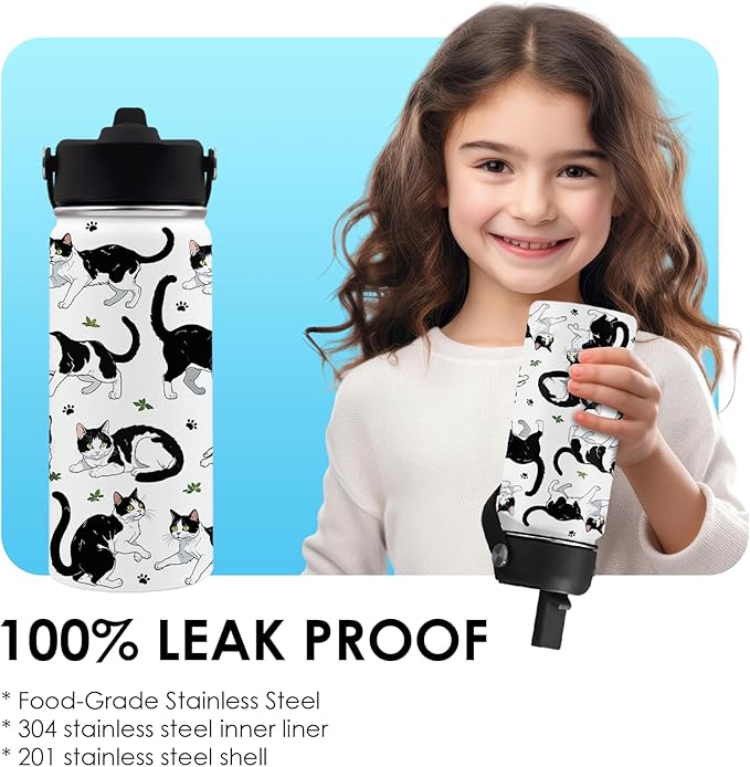Cat Gifts for Kids - 16oz Cute Cow Cat Water Bottle with Straw Lid, Stainless Steel Insulated Tumbler, Leak Proof, BPA-Free, for Boys, Girls, School - Cow Cats Lovers Children Birthday Gifts Cups(1pc) - Bloomnest