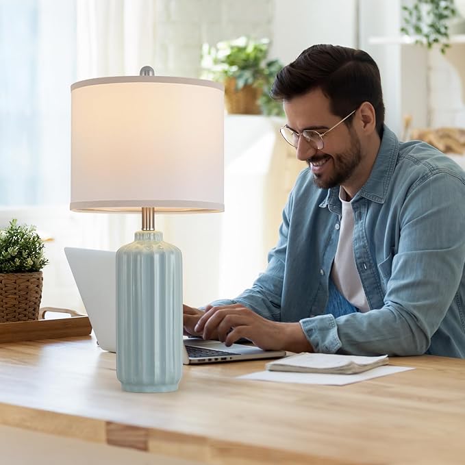 Lamp for Living Room Bedroom Lamps Farmhouse Table Lamps Set of 2 Vertical Stripe Ceramic Table Lamp,Linen Shade with Bulb, 25 in High,Light Blue - Bloomnest