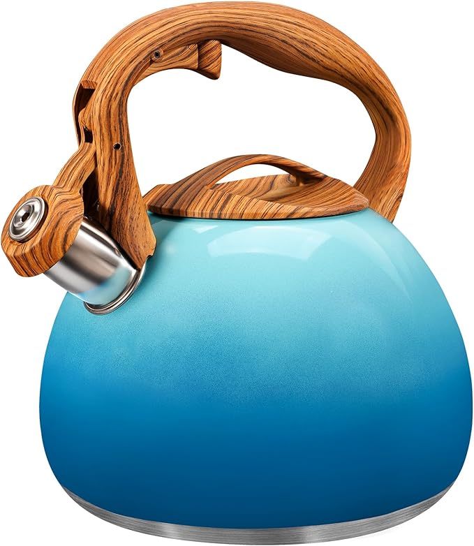 GGC Tea Kettle for Stove Top, 3.1QT/3L Whistling Tea Kettles for Boiling Water Coffee or Milk, Gradient Blue Tea Pot with Wood Parttern Handle, Stainless Steel Tea Pots for Home and Kitchen - Bloomnest