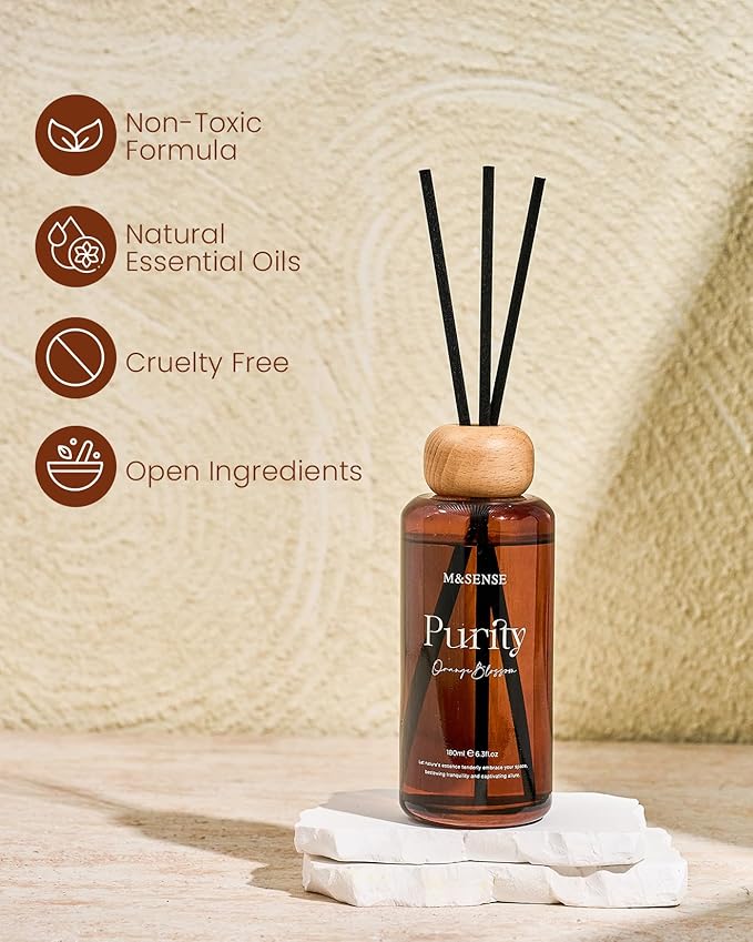 M&SENSE Orange Blossom Reed Diffuser: Upgraded Formula 6.3 fl oz Non-Toxic Aroma Set with Sticks, Long-Lasting Natural Essential Oil Gifts for Home, Bedroom