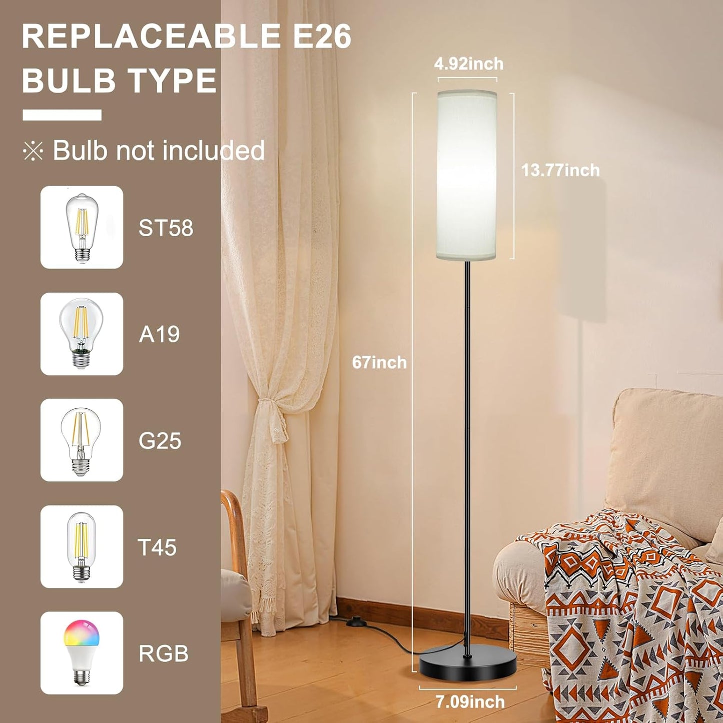 FRIDEKO HOME Floor Lamp with White Shade, Simple Design with Foot Pedal Switch, Small Tall Lamps for Living Room Bedroom Office, Corner Floor Stand Light with Black Pole Lamp (No Bulb/No Remote)