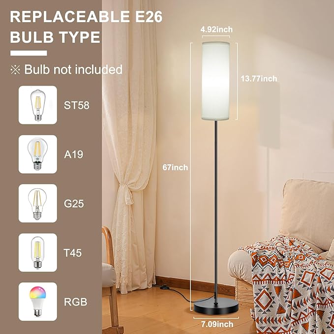 FRIDEKO HOME Floor Lamp with White Shade, Simple Design with Foot Pedal Switch, Small Tall Lamps for Living Room Bedroom Office, Corner Floor Stand Light with Black Pole Lamp (No Bulb/No Remote) - Bloomnest
