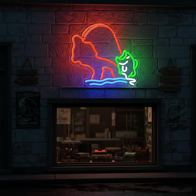 Fishing Neon Sign,Neon fish Sign,Neon Signs for Wall Decor,LED Light Up Man Cave Sign with Fish Rod Graphic,Cool Gifts for Fishermen,Bar,Cabin,Rustic Lake House,USB Powered Neon Light - Bloomnest