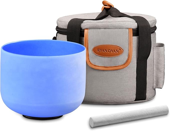 RYAN DVAN 8” G Note Blue Frosted Throat Chakra Crystal Singing Bowl with Free Heavy-Duty Carrying Case and Suede Striker O-Ring - Bloomnest