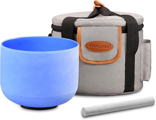 RYAN DVAN 8” G Note Blue Frosted Throat Chakra Crystal Singing Bowl with Free Heavy-Duty Carrying Case and Suede Striker O-Ring - Bloomnest