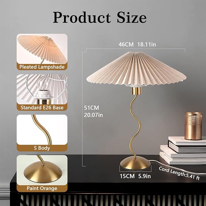 Gold Pleated Small Table Lamp, Brass Modern Bedside Table Lamp for Bedroom, Mini Pleated Lamp Shape, MCM Table Lamp Bedroom Bow Lamps for Nightstand - Bloomnest