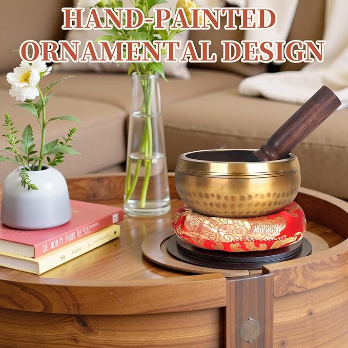 AKLOT HandMade Meditation Singing Bowl: Tibetan Sound Bowl Set with Pure Tone, Sound Bath Bowl with Cushion, Mallet, Spiritual Gift for Chakra Clearing, Healing, Yoga, Prayer, Relaxation (3.5 Inch)