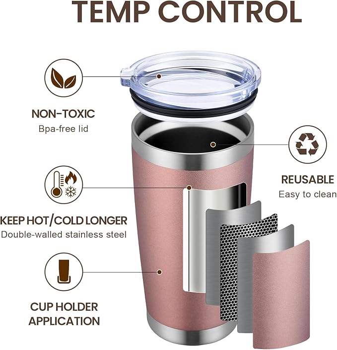 MEWAY 20oz Tumbler 12 Pack Double Wall Vacuum Insulated Travel Mug Bulk, Stainless Steel Tumblers with Lid and Straw, Durable Powder Coated Coffee Cups for Cold & Hot Drinks (Rose Gold, 12) - Bloomnest
