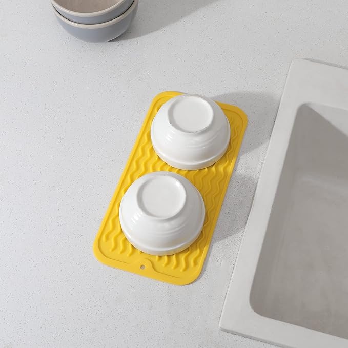 Silicone Dish Drying Mat for Multiple Usage,Easy clean,Eco-friendly,Heat-resistant Silicone Mat for Kitchen Counter or Sink,Refrigerator or Drawer Liner Yellow S 12 inches x 6 inches - Bloomnest