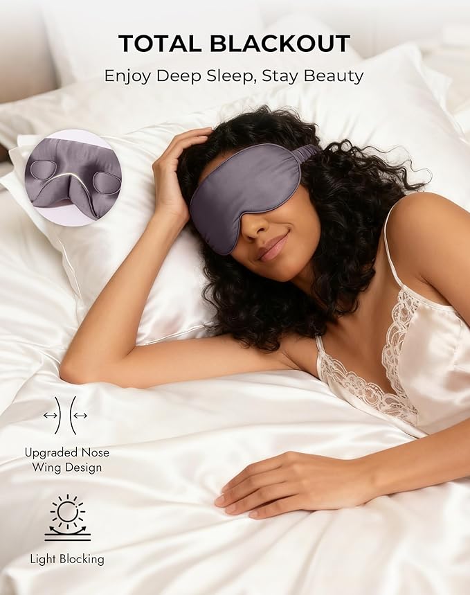 SilkSilky 100% 22 Momme Mulberry Silk Sleep Mask – Upgraded 3D Contoured Eye Mask with Nose Wing Pads & Adjustable Strap, Luxury Blackout Eye Cover for Women & Men (Dark Gray) - Bloomnest