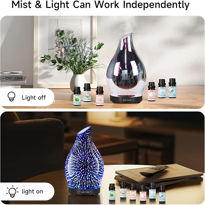 Essential Oil Diffuser & Essential Oils Set, Glass Aromatherapy Diffuser with 7 LED Colors, 6 Oils Gift Pack (Clean Home, Peppermint, Blossom Soapy, Soft Powder, Fresh Cotton, Fresh Linen) - Bloomnest