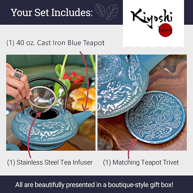 Large Cast Iron Tea Kettle Set - 40oz/1200ml Japanese Teapot with Infuser & Matching Trivet - Tetsubin Iron Tea Pot Japanese Style with Enamel Interior - Handcrafted Dragon Teapot Humidifier - Blue