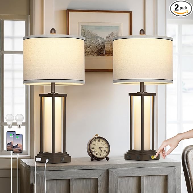 27in Tall Farmhouse Table Lamp Set of 2 with USB C+A & Outlet,Brown Industrial End Table Lamp for Living Room,Vintage Rustic Bedside Lamps with Night Light for Bedroom Nightstand,Brown - Bloomnest