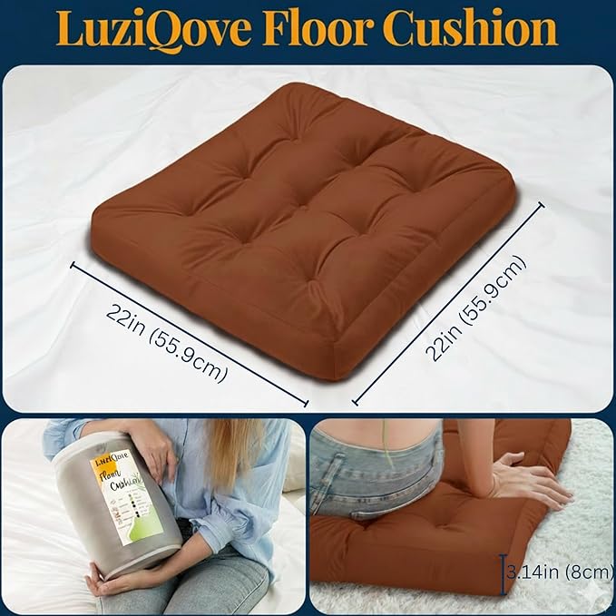Velvet Floor Pillow,Square Large Pillows Seating for Adults, Brown Tufted Cushions for Meditation, Yoga, Tatami, Living Room, Chair, Machine-Washable & Dryer-Safe, Brown, 22x22 Inch - Bloomnest