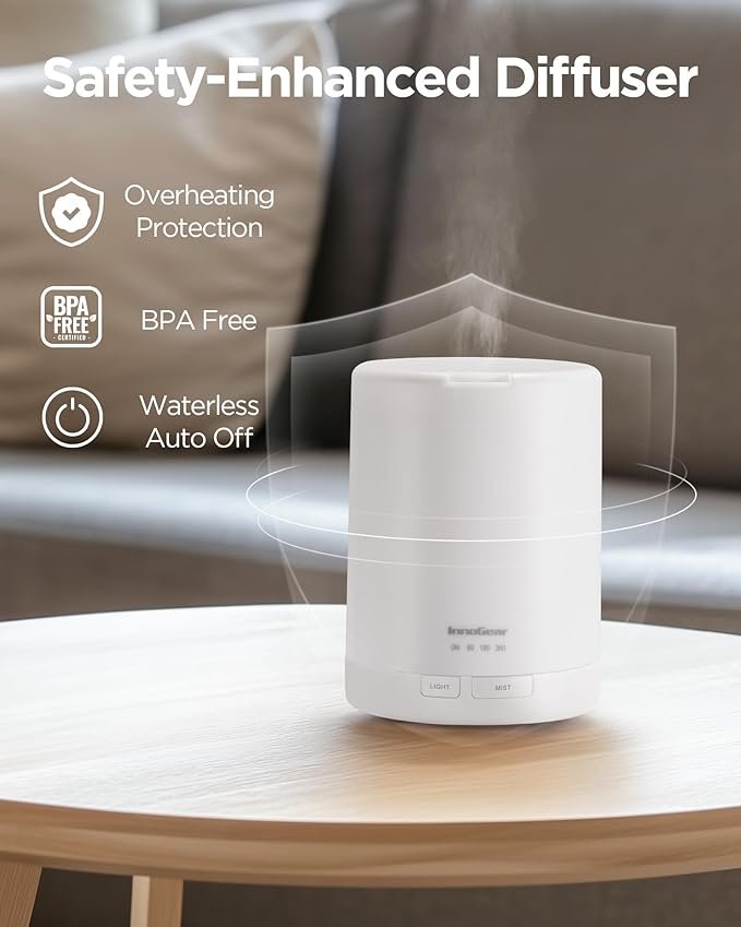 InnoGear 300ML Essential Oil Diffuser, Premium 5-in-1 Ultrasonic Aromatherapy Diffusers Scent Humidifier Aroma Diffuser Vaporizer Auto-Off Timer for Room Office Home, Basic White, Medium - Bloomnest