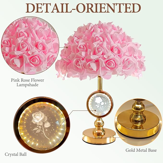 Pink Rose Flower Lamp Princess Bedside Lamp Modern Gold Table Lamp Nightstand Flower Light Cute Desk Lamp for Teen Girl Romantic Bedroom Wedding Deco Valentines Mother's Day Living Room - Bloomnest