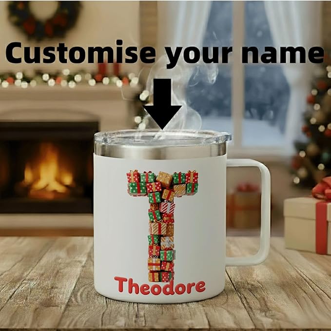 Personalized Christmas Mug with Name, 12oz Insulated Coffee Tumbler with Handle, Custom Present Initial Cup, Festive Holiday Xmas Gift for Women, Her (B06) - Bloomnest