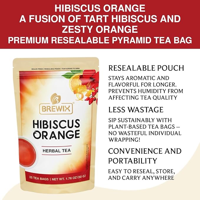BREWIX, Hibiscus Orange Tea Bags (25 Plant Based Tea Bags) Caffeine-Free, Made with Real - Hibiscus Flowers, Rosehip, Orange Peel, Raspberry Leaf | Contains Antioxidants & Support Overall Health - Bloomnest