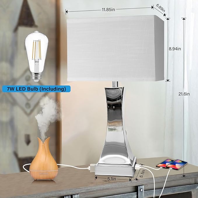 Table Lamp for Bedroom 3-Way Dimmable Touch Control Chrome Bedside Lamp with USB A+C Port & AC Outlet 21.6" Tall Nightstand Lamp for Living Room Office and Hotel Bulb Included - Bloomnest