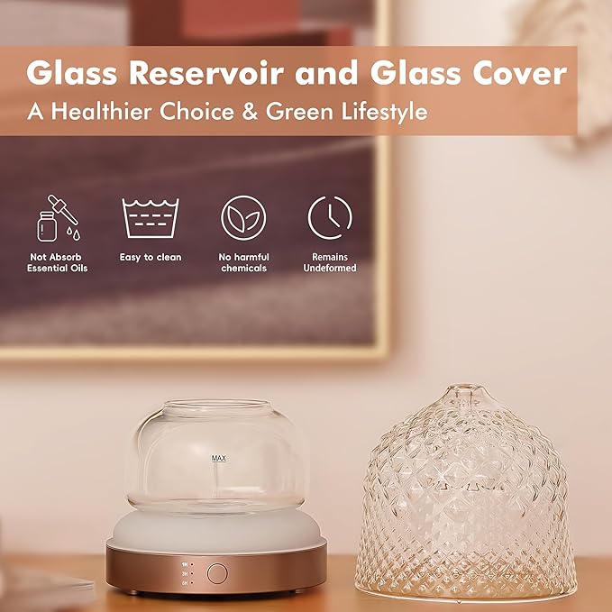 200ml Glass Reservoir Essential Oil Diffuser with Glass Dome Ultrasonic Aromatherapy Diffuser with Four Timer Colorful Light Auto-Off for Home Office Bedroom - Bloomnest