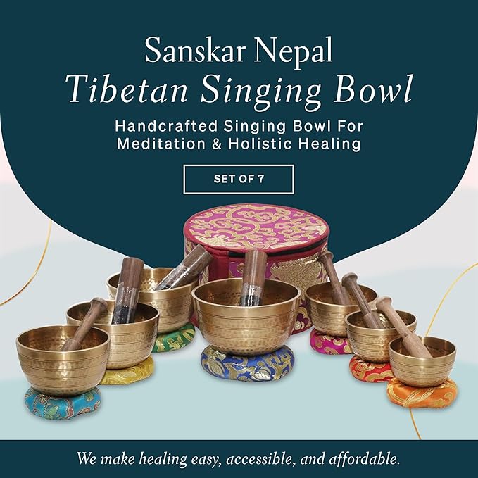 Tibetan Singing Bowl Set of 7, Handcrafted Singing Bowl for Meditation & Holistic Healing, Yoga Accessories, 3-5” Gold Singing Bowls with Wooden Striker, Cushion & Purple Carry Box - Bloomnest