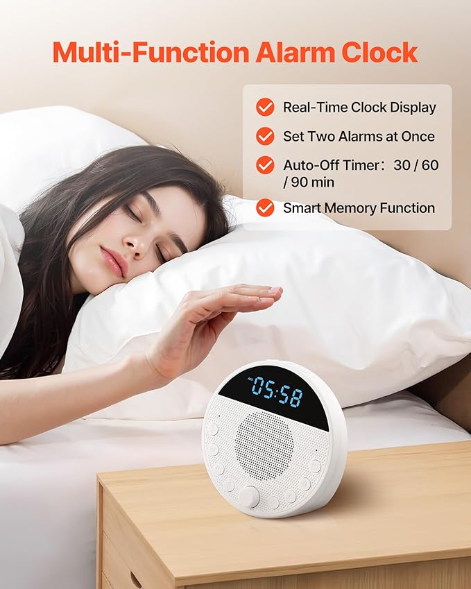VEVOR Sound Machine, 18 Soothing Sleep Sounds and 7-Color Night Light, 5-in-1 White Noise Sound Machine with Dual Alarms, Auto-Off Timer and Memory Function, for Baby, Adults, Home, Office & Travel - Bloomnest