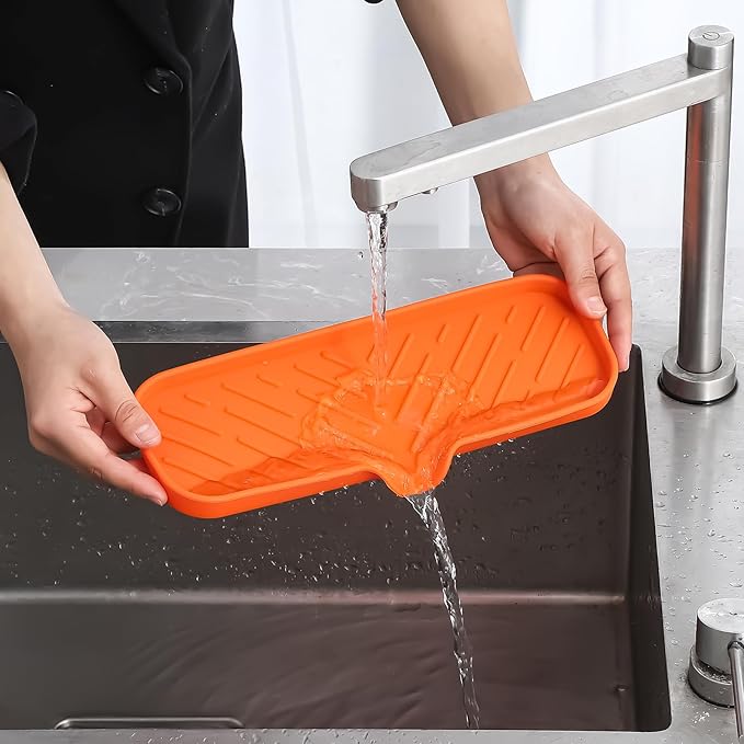 Silicone Bathroom Soap Dishes with Drain Spout-Bathroom and Kitchen Sink Organizer,Sponge Holder,Dish Soap Tray,Perfect for Dispenser,Scrubber,Bottle,Cup on Sink or Counter-Orange 12"×4" - Bloomnest