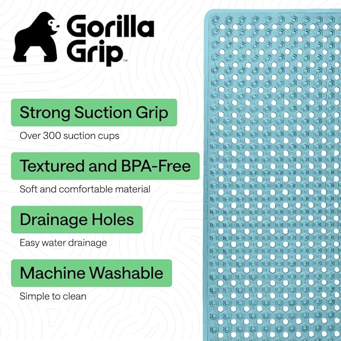 GORILLA GRIP Patented Bath Tub Shower Mat, Machine Washable Bathtub Floor Liner Mats, Suction Cups and Drain Holes to Keep Tubs Clean, Soft on Feet, Bathroom Essentials, 35x16 Inch, Clear Turquoise - Bloomnest